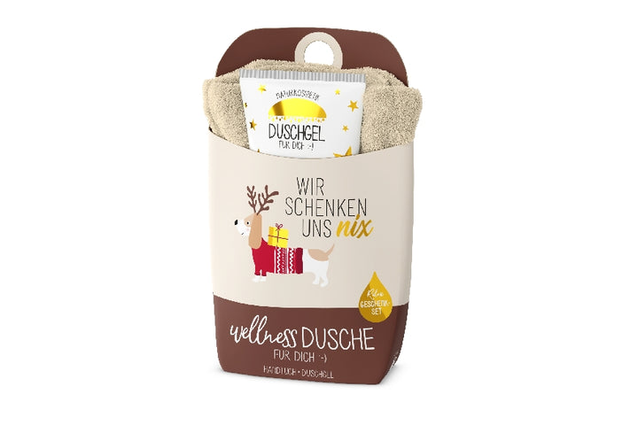 Wellnessdusche Geschenkset mit Aufschrift Wir schenken uns nix von Geschenk für Dich