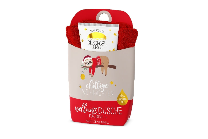 Wellnessdusche Geschenkset mit Faultier-Motiv & Aufschrift „Chillige Weihnachten“ von Geschenk für Dich.