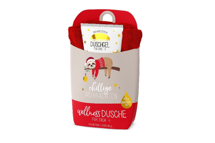 Wellnessdusche Geschenkset mit Faultier-Motiv & Aufschrift „Chillige Weihnachten“ von Geschenk für Dich.