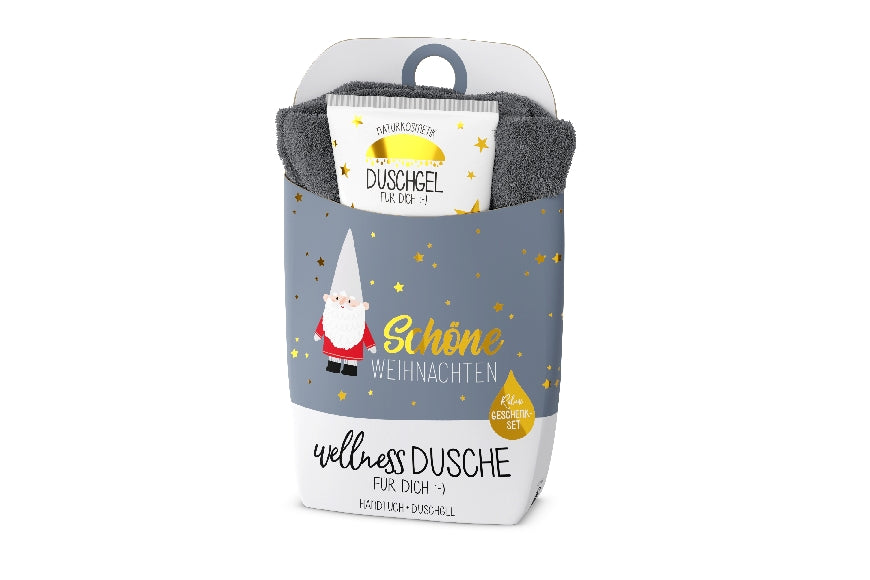 Geschenk für Dich Geschenkset Wellnessdusche mit Naturkosmetik Duschgel & Bio-Baumwoll-Handtuch. Weihnachts-Zwerg-Motiv & Aufschrift „Schöne Weihnachten“.