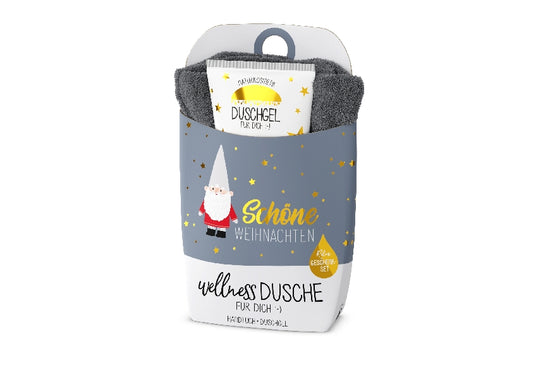 Geschenk für Dich Geschenkset Wellnessdusche mit Naturkosmetik Duschgel & Bio-Baumwoll-Handtuch. Weihnachts-Zwerg-Motiv & Aufschrift „Schöne Weihnachten“.