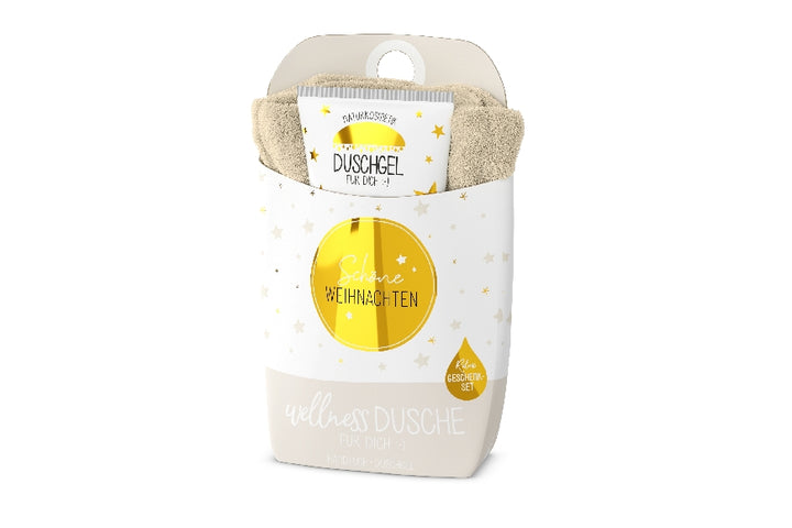 Geschenkset Wellnessdusche mit Naturkosmetik Duschgel (200ml) & Bio-Baumwoll-Handtuch. Aufschrift „Schöne Weihnachten“ von Geschenk für Dich.