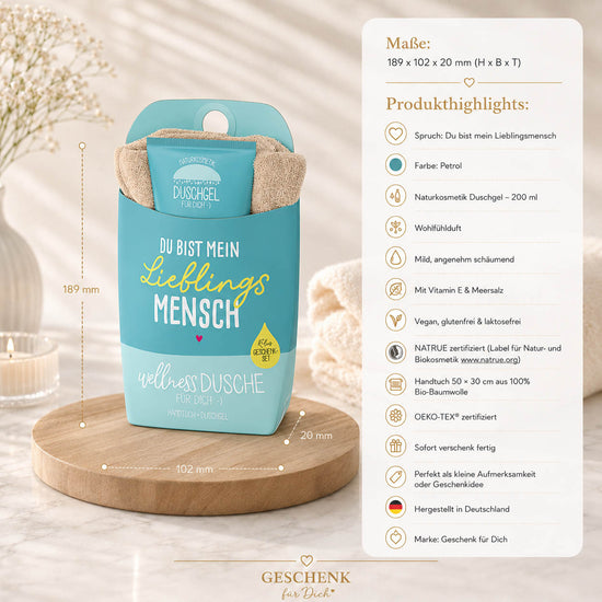 Wellnessdusche „Du bist mein Lieblingsmensch“ Petrol – Geschenk für Dich (Highlight)