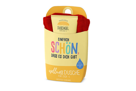 Wellnessdusche „Einfach schön, dass es dich gibt“ Gelb – Geschenk für Dich
