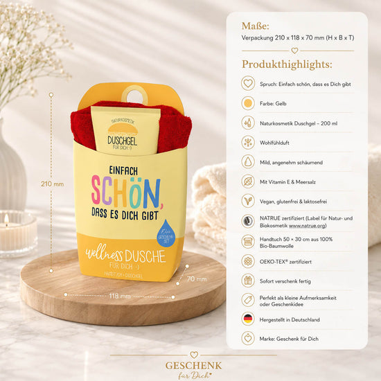 Wellnessdusche „Einfach schön, dass es dich gibt“ Gelb – Geschenk für Dich (Highlight)