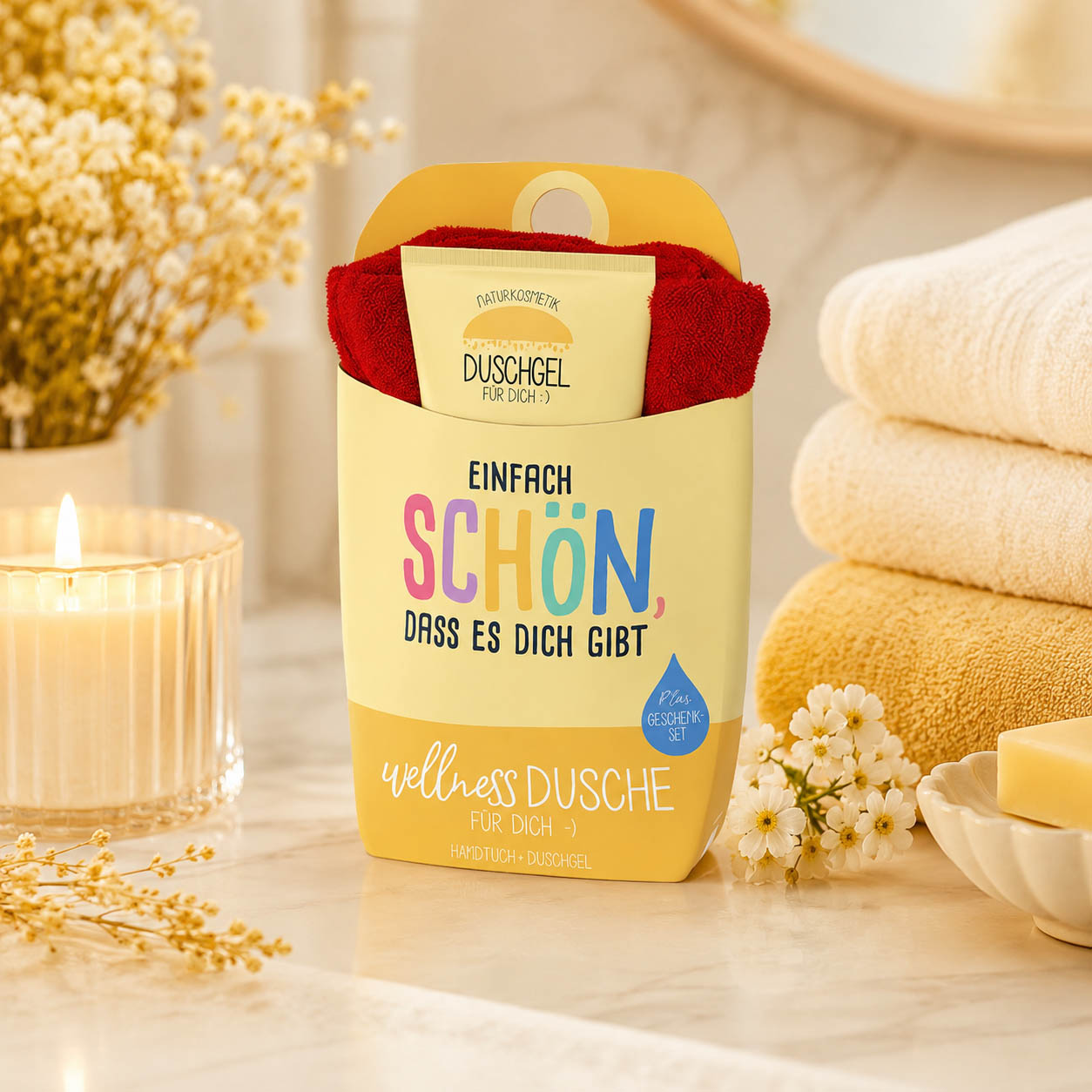 Wellnessdusche „Einfach schön, dass es dich gibt“ Gelb – Geschenk für Dich (Moodbild)