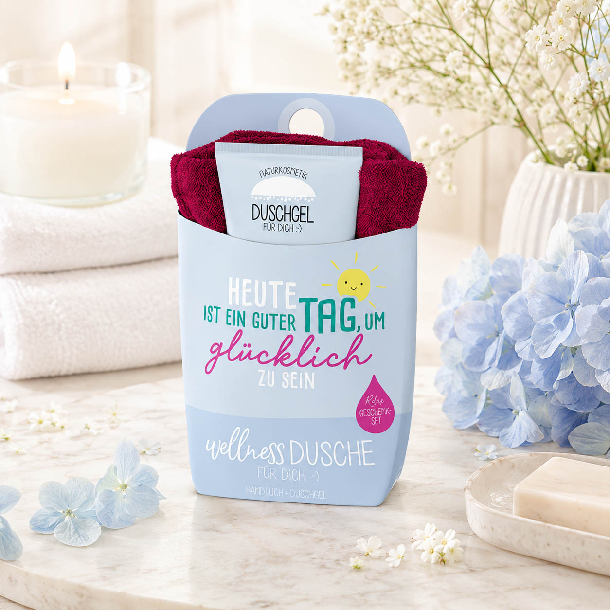 Wellnessdusche „Heute ist ein guter Tag, um glücklich zu sein“ Hellblau – Geschenk für Dich (Moodbild)