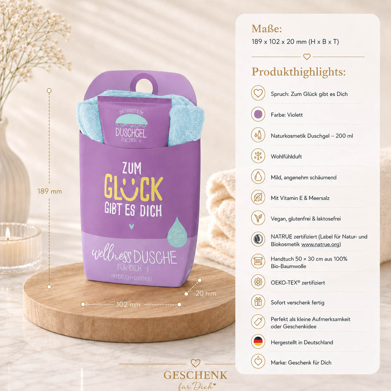 Wellnessdusche „Zum Glück gibt es Dich“ Violett – Geschenk für Dich (Highlight)