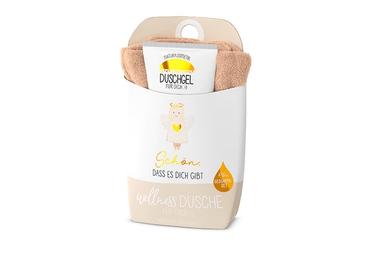 Geschenk für Dich Wellnessdusche Geschenkset Schön, dass es Dich gibt mit Handtuch & Duschgel. Mit Engel-Motiv