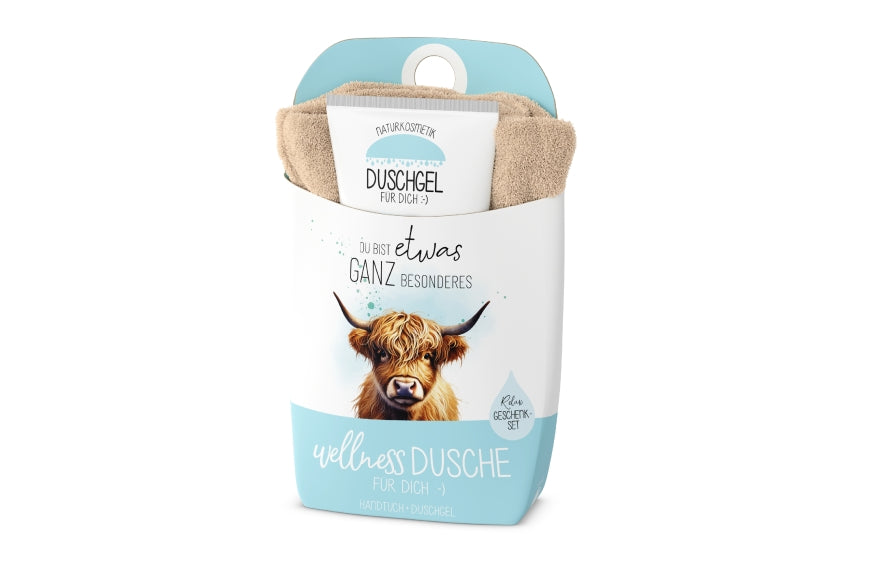 Wellnessdusche „Du bist etwas ganz Besonderes“ von Geschenk für Dich mit süßem Hochlandrind-Motiv