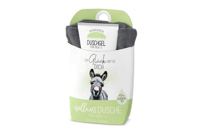 Wellnessdusche „Zum Glück gibt es Dich“ von Geschenk für Dich mit süßem Esel-Motiv