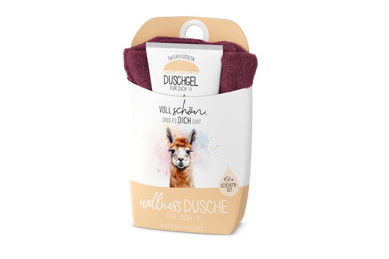 Wellnessdusche „Voll schön, dass es Dich gibt“ ist ein liebevoll zusammengestelltes Geschenkset von Geschenk für Dich mit süßem Alpaka-Motiv