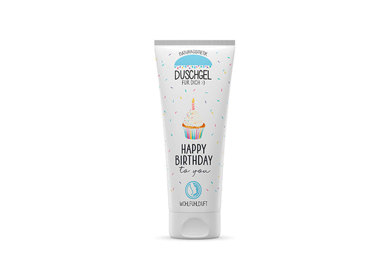 Naturkosmetik Duschgel „Happy Birthday“ mit süßem Törtchen-Motiv von Geschenk für Dich.