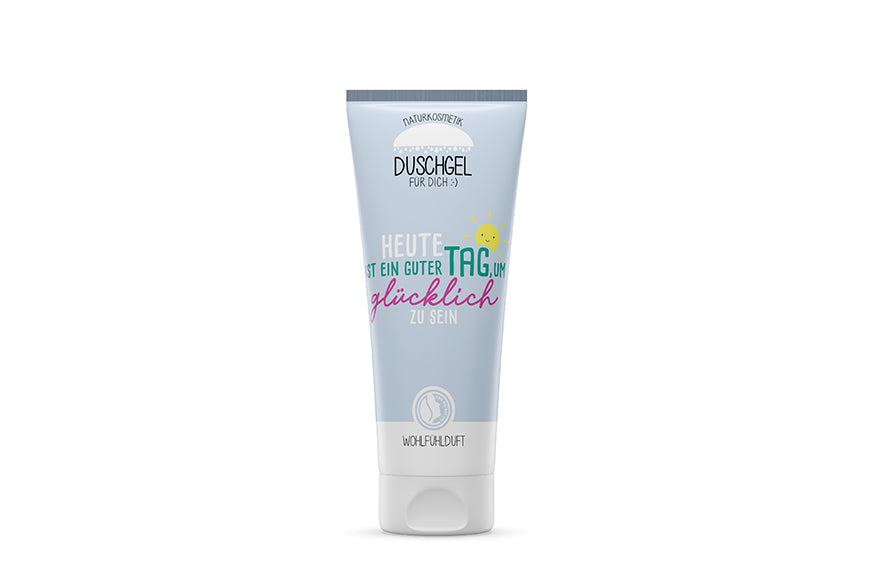 Naturkosmetik Duschgel Heute ist ein guter Tag um glücklich zu sein in Hellblau – Geschenk für Dich