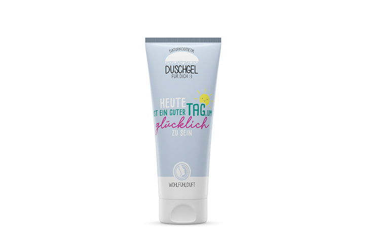 Naturkosmetik Duschgel Heute ist ein guter Tag um glücklich zu sein in Hellblau – Geschenk für Dich