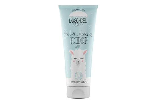 Naturkosmetik Duschgel mit Lama-Motiv & Spruch „Schön, dass es Dich gibt“ von Geschenk für Dich