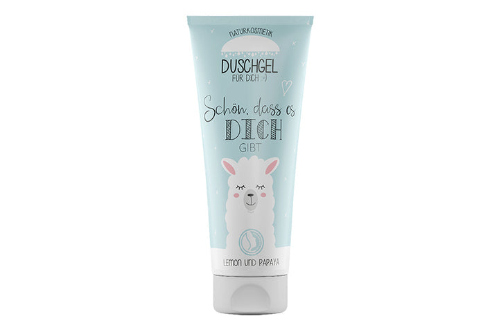 Naturkosmetik Duschgel mit Lama-Motiv & Spruch „Schön, dass es Dich gibt“ von Geschenk für Dich
