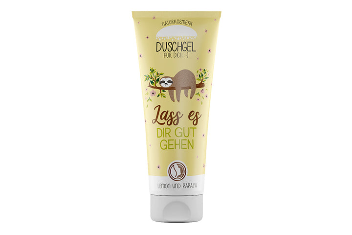 Naturkosmetik Duschgel mit Faultier-Motiv & Spruch „Lass es Dir gut gehen“ von Geschenk für Dich