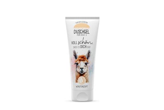 Naturkosmetik Duschgel mit Alpaka-Motiv und herzlichem Spruch „Voll schön, dass es Dich gibt“ von Geschenk für Dich