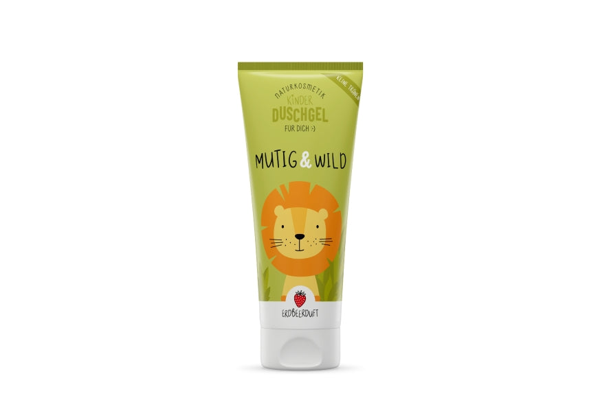 Kinder Duschgel mit süßem Löwen Motiv und Spruch „Mutig & Wild“ von Geschenk für Dich