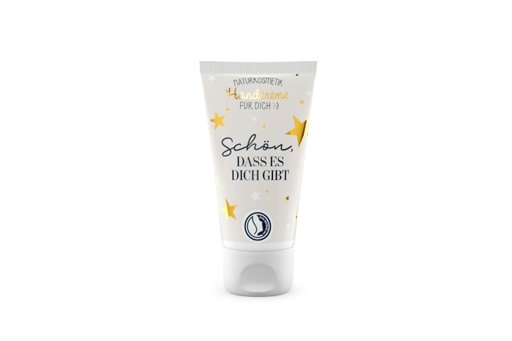 Naturkosmetik Handcreme mit Aufschrift Schön, dass es Dich gibt und golden Sternen Motiv