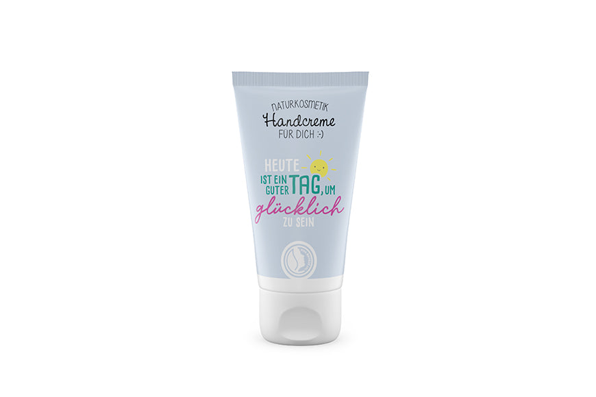 Naturkosmetik Handcreme Heute ist ein guter Tag um glücklich zu sein in Hellblau – Geschenk für Dich