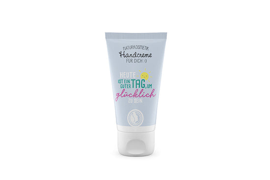 Naturkosmetik Handcreme Heute ist ein guter Tag um glücklich zu sein in Hellblau – Geschenk für Dich