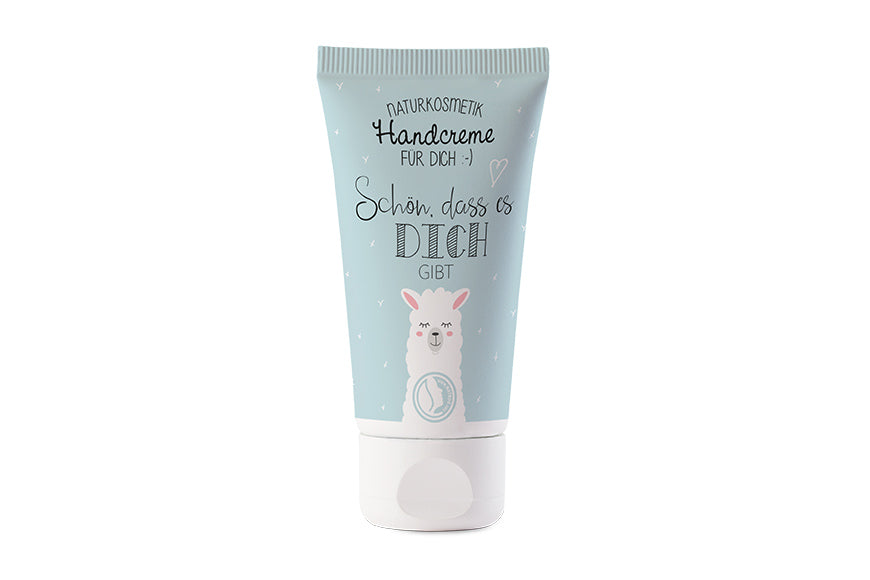 Naturkosmetik Handcreme mit Lama Motiv & Aufschrift Schön, dass es Dich gibt" von Geschenk für Dich
