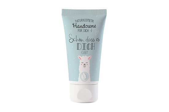 Naturkosmetik Handcreme mit Lama Motiv & Aufschrift Schön, dass es Dich gibt" von Geschenk für Dich