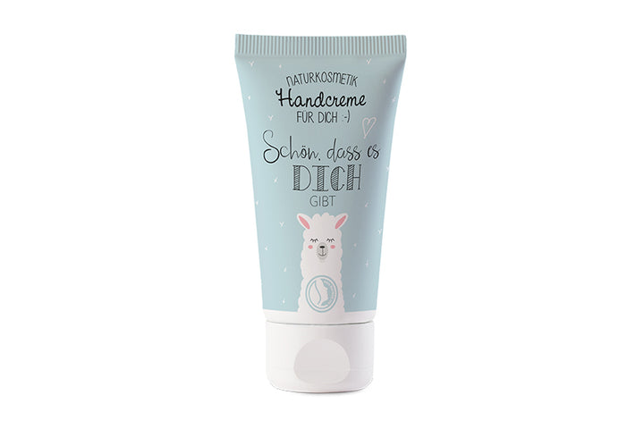 Naturkosmetik Handcreme mit Lama Motiv & Aufschrift Schön, dass es Dich gibt" von Geschenk für Dich