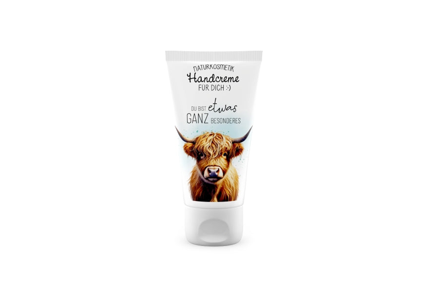 Naturkosmetik Handcreme mit Hochlandrind Motiv und Spruch„Du bist etwas ganz Besonderes“ von Geschenk für Dich