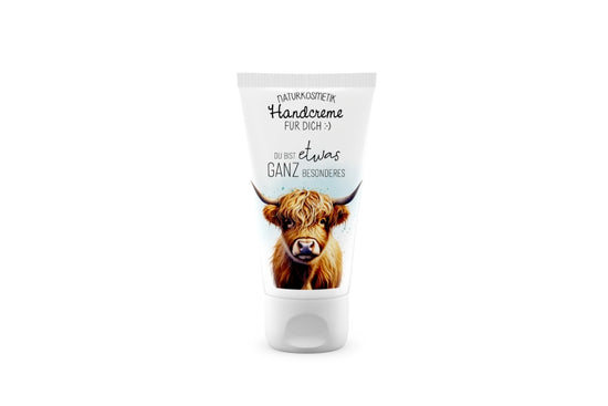 Naturkosmetik Handcreme mit Hochlandrind Motiv und Spruch„Du bist etwas ganz Besonderes“ von Geschenk für Dich