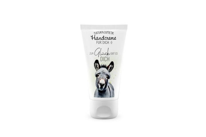 Naturkosmetik Handcreme mit süßem Esel Motiv und Spruch „Zum Glück gibt es Dich“ von Geschenk für Dich