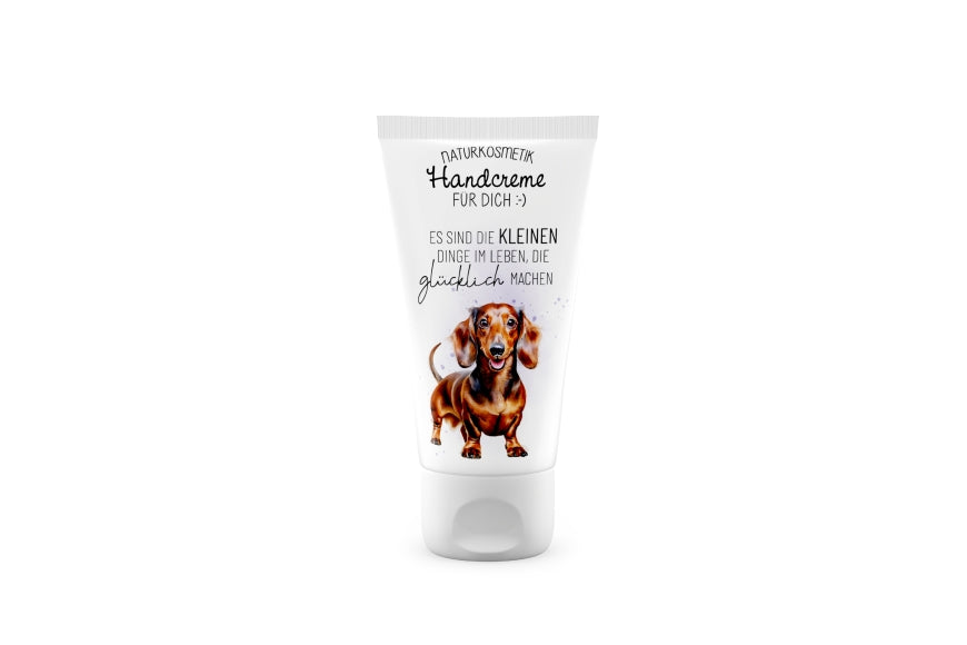 Naturkosmetik Handcreme mit Spuch „Es sind die kleinen Dinge im Leben, die glücklich machen“ & Dackel Motiv von Geschenk für Dich