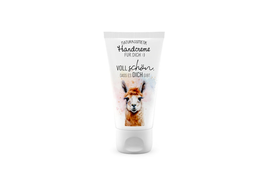 Naturkosmetik Handcreme mit Spruch „Voll schön, dass es Dich gibt“ & Alpaka Motiv von Geschenk für Dich