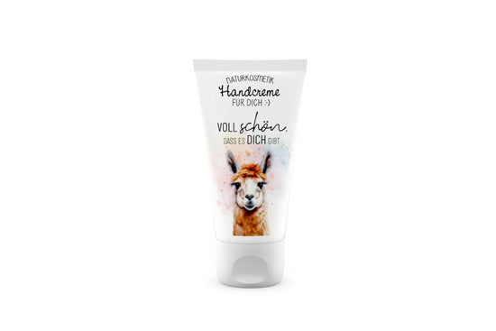 Naturkosmetik Handcreme mit Spruch „Voll schön, dass es Dich gibt“ & Alpaka Motiv von Geschenk für Dich