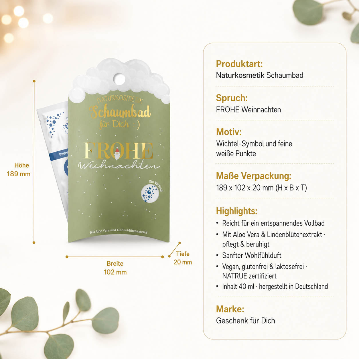 Schaumbad „Frohe Weihnachten“ – Highlights: 40 ml Vollbad, Aloe Vera, Lindenblüte, NATRUE, vegan
