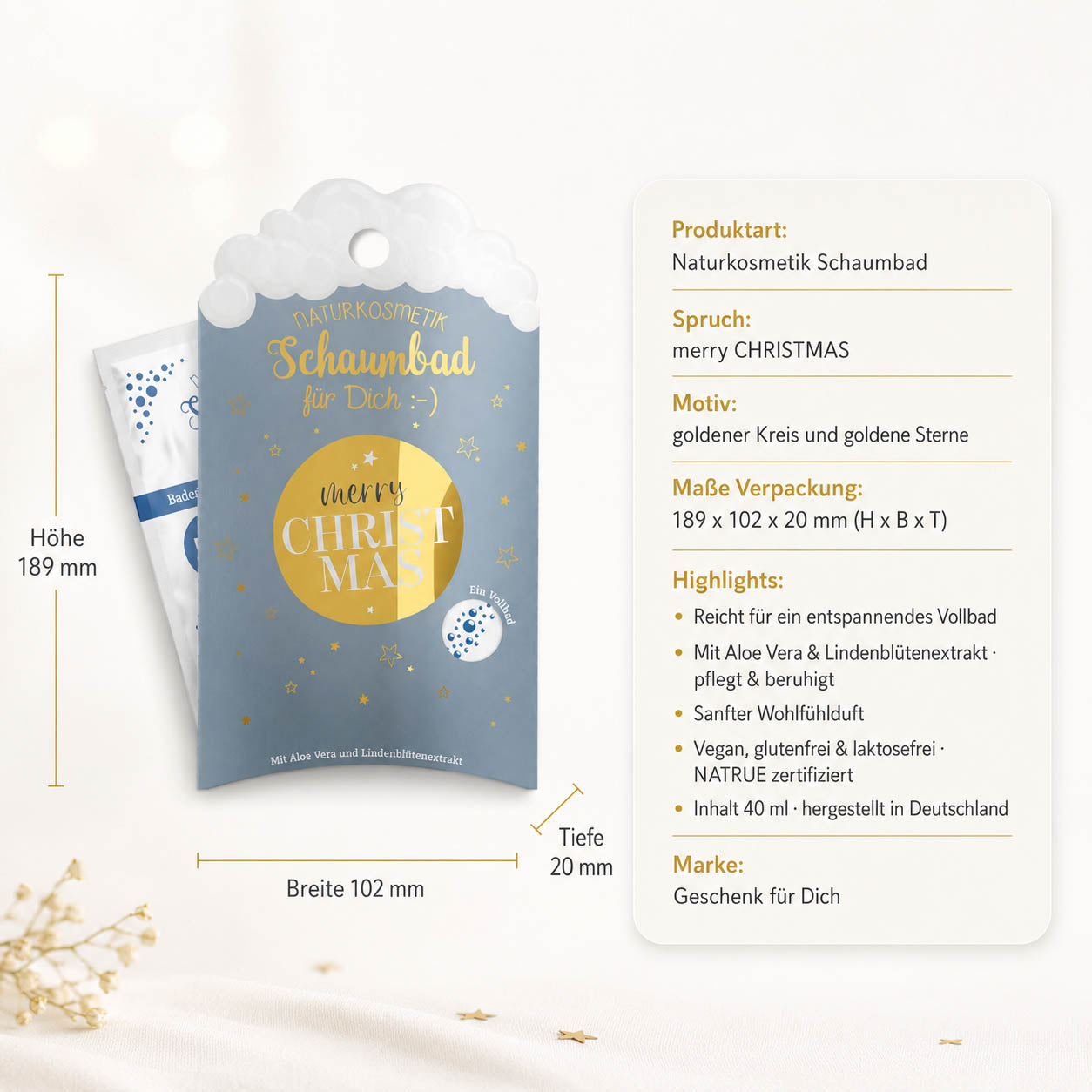 Schaumbad „Merry Christmas“ – Highlights: 40 ml Vollbad, Aloe Vera, Lindenblüte, NATRUE, vegan