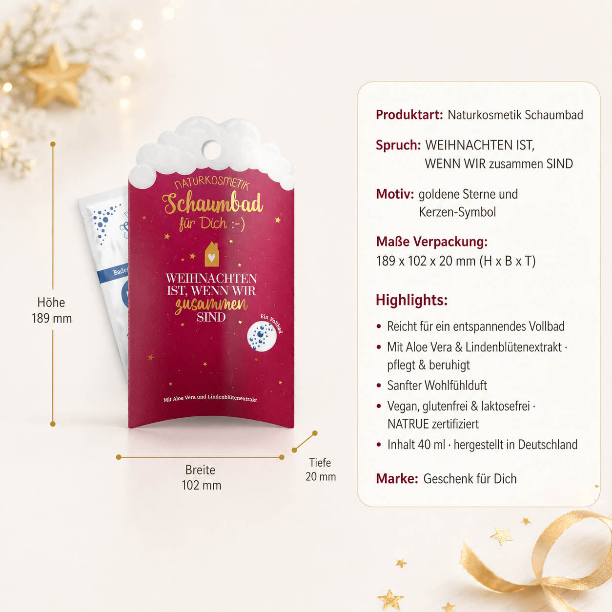 Schaumbad „Weihnachten ist, wenn wir zusammen sind“ – Highlights: 40 ml Vollbad, Aloe Vera, Lindenblüte, NATRUE, vegan