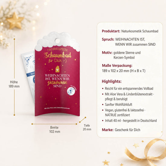 Schaumbad „Weihnachten ist, wenn wir zusammen sind“ – Highlights: 40 ml Vollbad, Aloe Vera, Lindenblüte, NATRUE, vegan