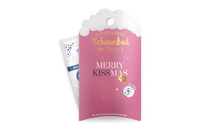 Naturkosmetik Schaumbad Merry Kissmas 40 ml in rosa Verpackung mit goldenem Kussmund – Geschenk für Dich
