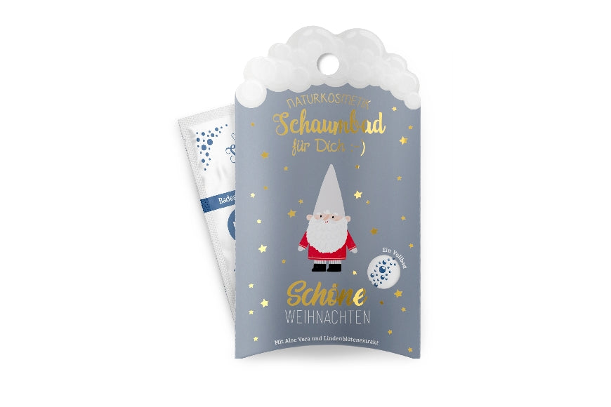 Geschenk für Dich Naturkosmetik Schaumbad mit Weihnachts-Zwerg Motiv & Aufschrift „Schöne Weihnachten“.
