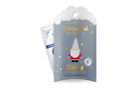 Geschenk für Dich Naturkosmetik Schaumbad mit Weihnachts-Zwerg Motiv & Aufschrift „Schöne Weihnachten“.