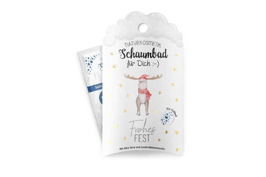 Geschenk für Dich Naturkosmetik Schaumbad mit Weihnachts-Elch Motiv & Aufschrift „Frohes Fest“.