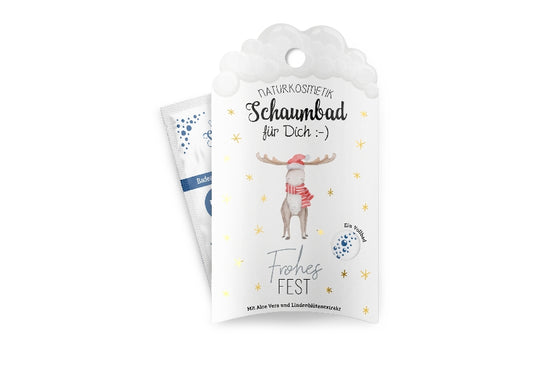 Geschenk für Dich Naturkosmetik Schaumbad mit Weihnachts-Elch Motiv & Aufschrift „Frohes Fest“.