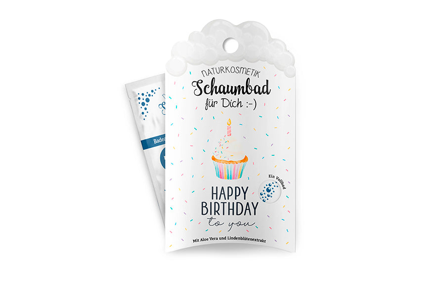 Geschenk für Dich Naturkosmetik Schaumbad mit Törtchen-Motiv & Aufschrift „Happy Birthday to You“.