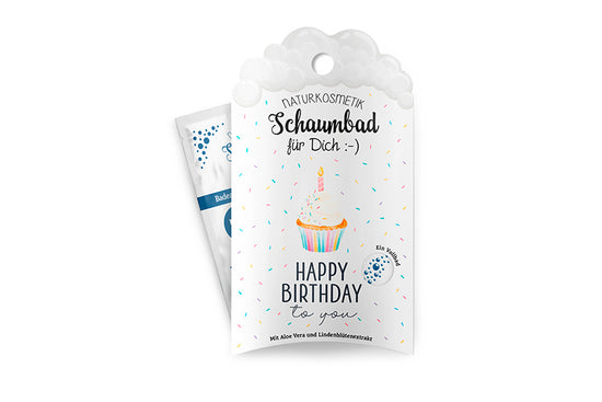 Geschenk für Dich Naturkosmetik Schaumbad mit Törtchen-Motiv & Aufschrift „Happy Birthday to You“.