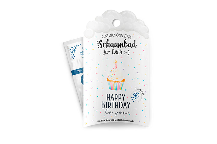 Geschenk für Dich Naturkosmetik Schaumbad mit Törtchen-Motiv & Aufschrift „Happy Birthday to You“.