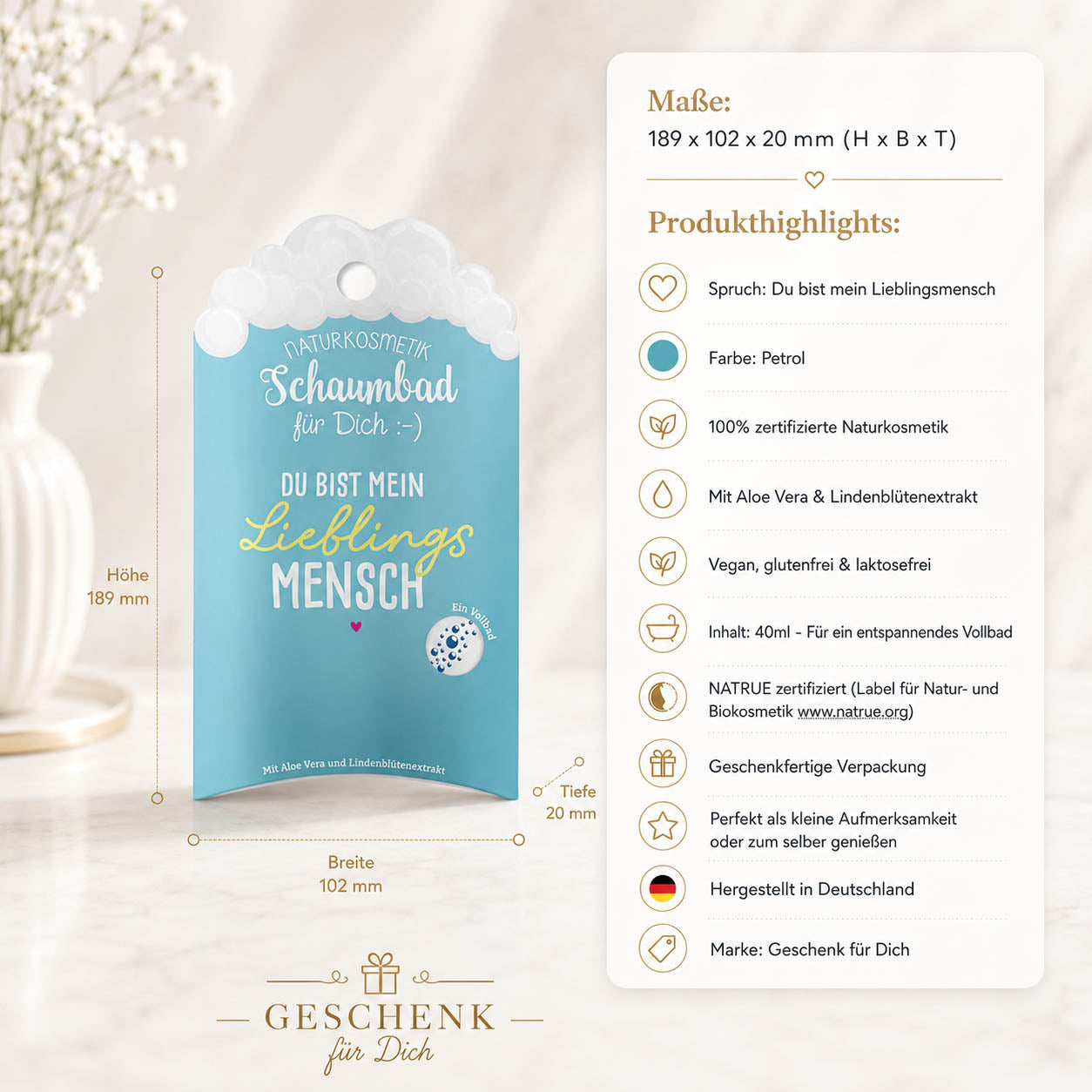 Naturkosmetik Schaumbad „Du bist mein Lieblingsmensch“ Petrol – Geschenk für Dich (Highlight)