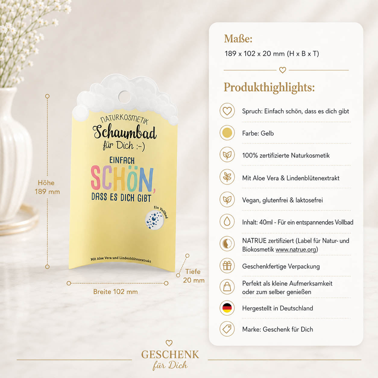 Naturkosmetik Schaumbad „Einfach schön, dass es dich gibt“ Gelb – Geschenk für Dich (Highlight)